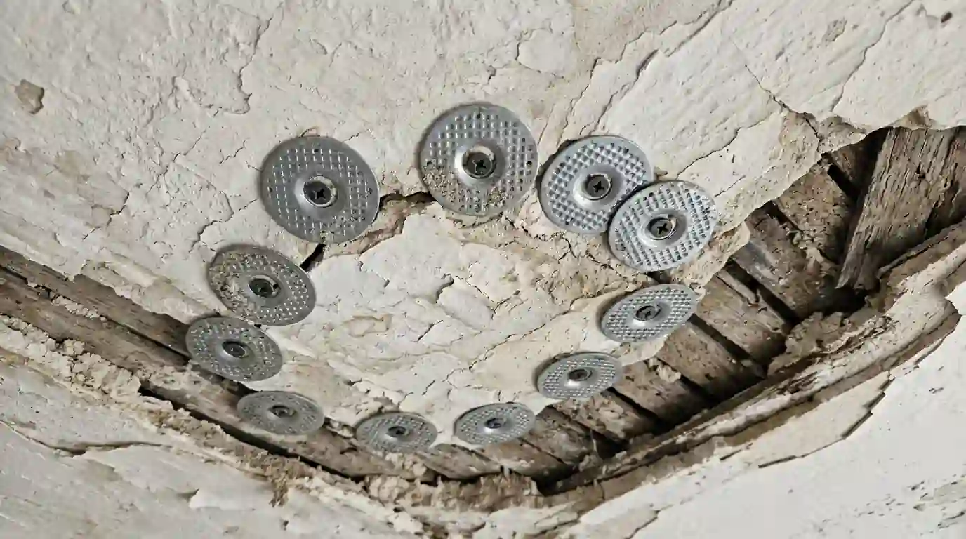 Plaster washers securing loose ceiling plaster