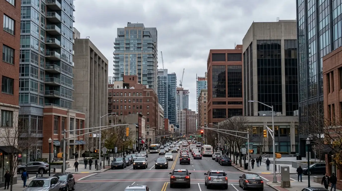 Downtown White Plains towers on a cloudy afternoon