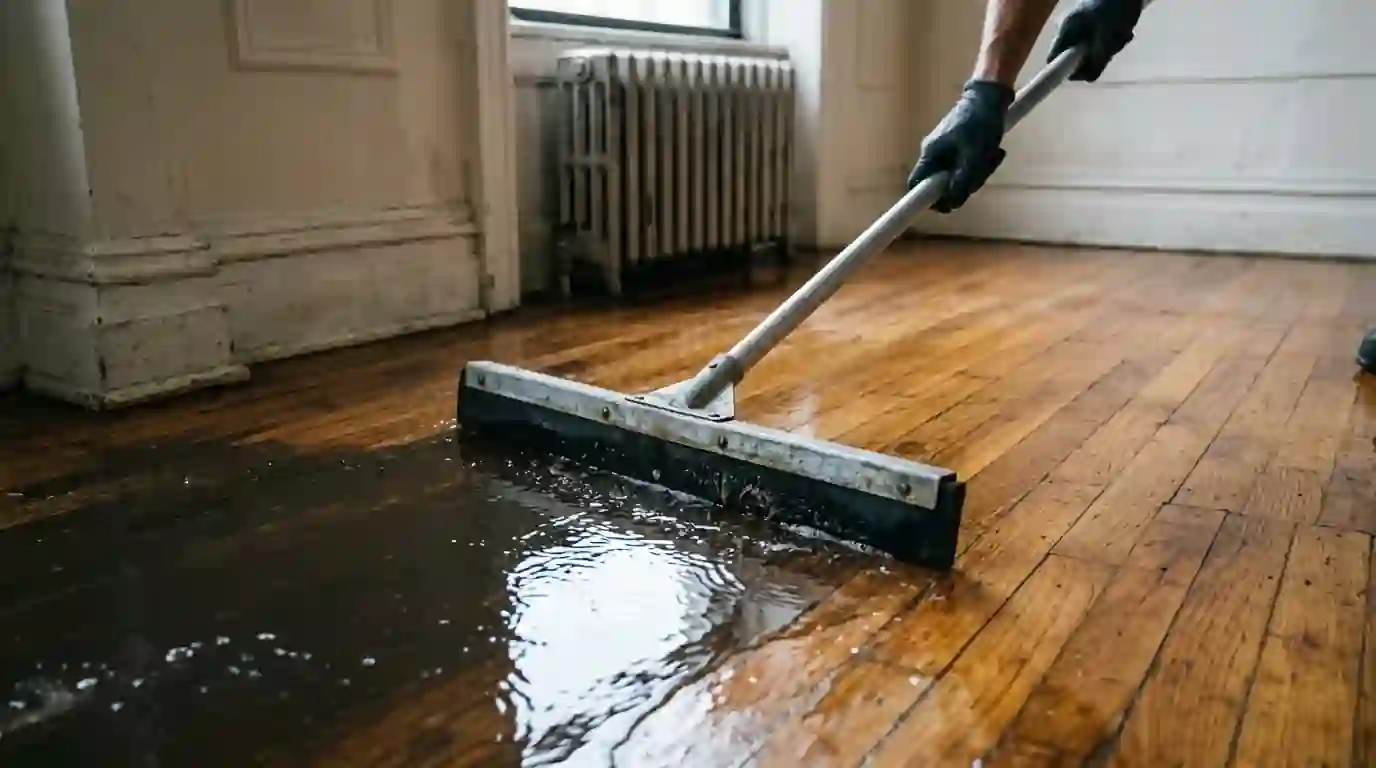 Squeegee wand extracting water from a strip oak floor