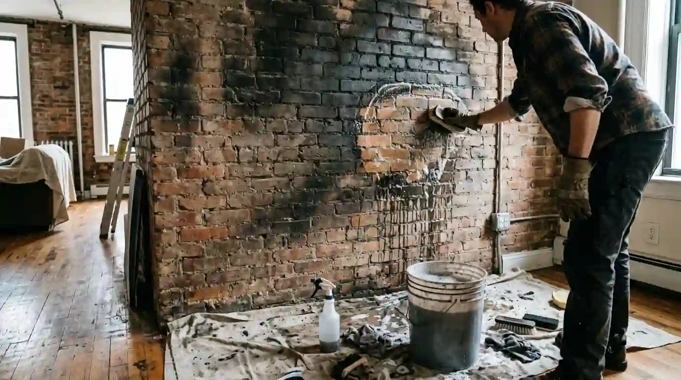 Soot-stained brick wall being cleaned