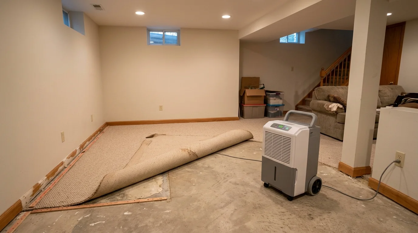 Finished basement being dried in a New Rochelle house