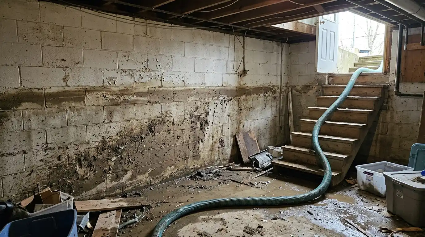 Flooded basement with a pump hose running up the stairs