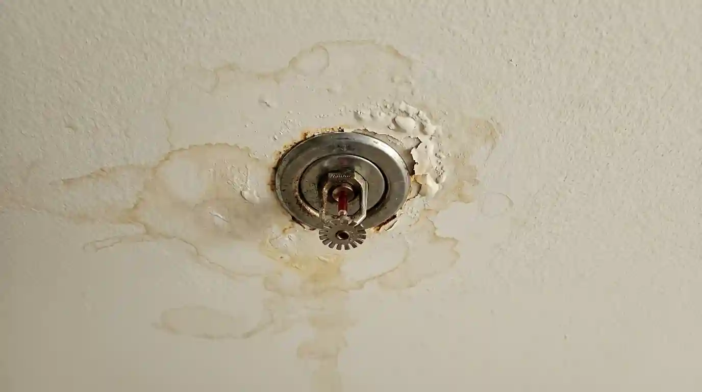 Water stain around a pendant sprinkler head