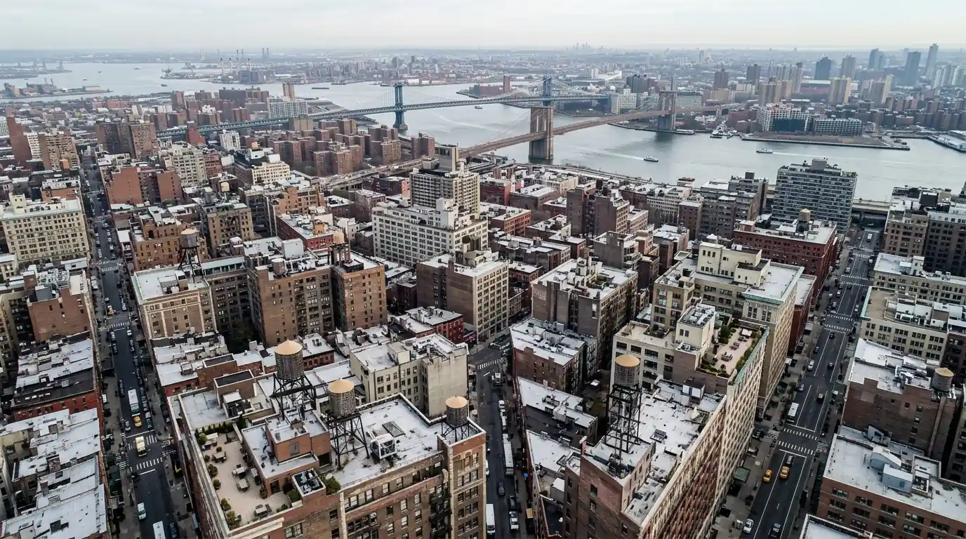 Manhattan rooftops looking toward Brooklyn and Queens on an overcast morning