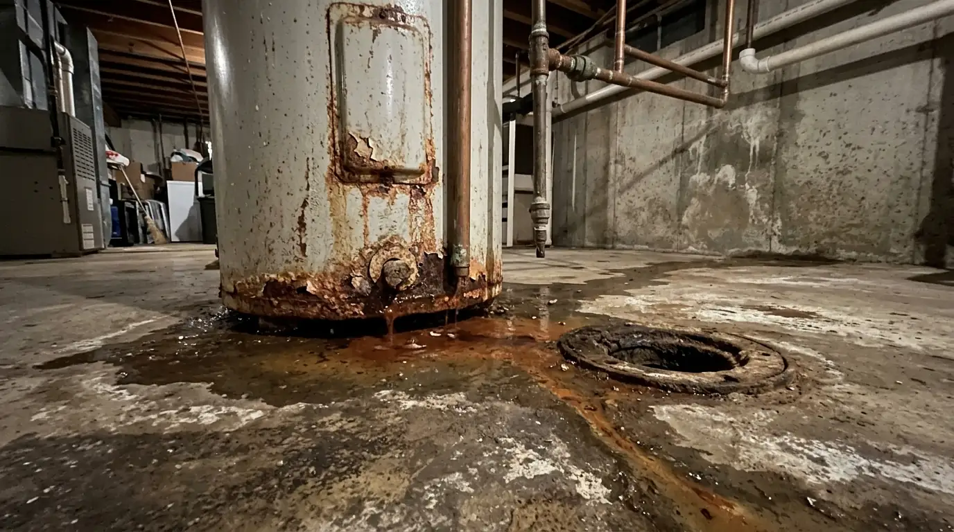 Leaking water heater tank in a basement