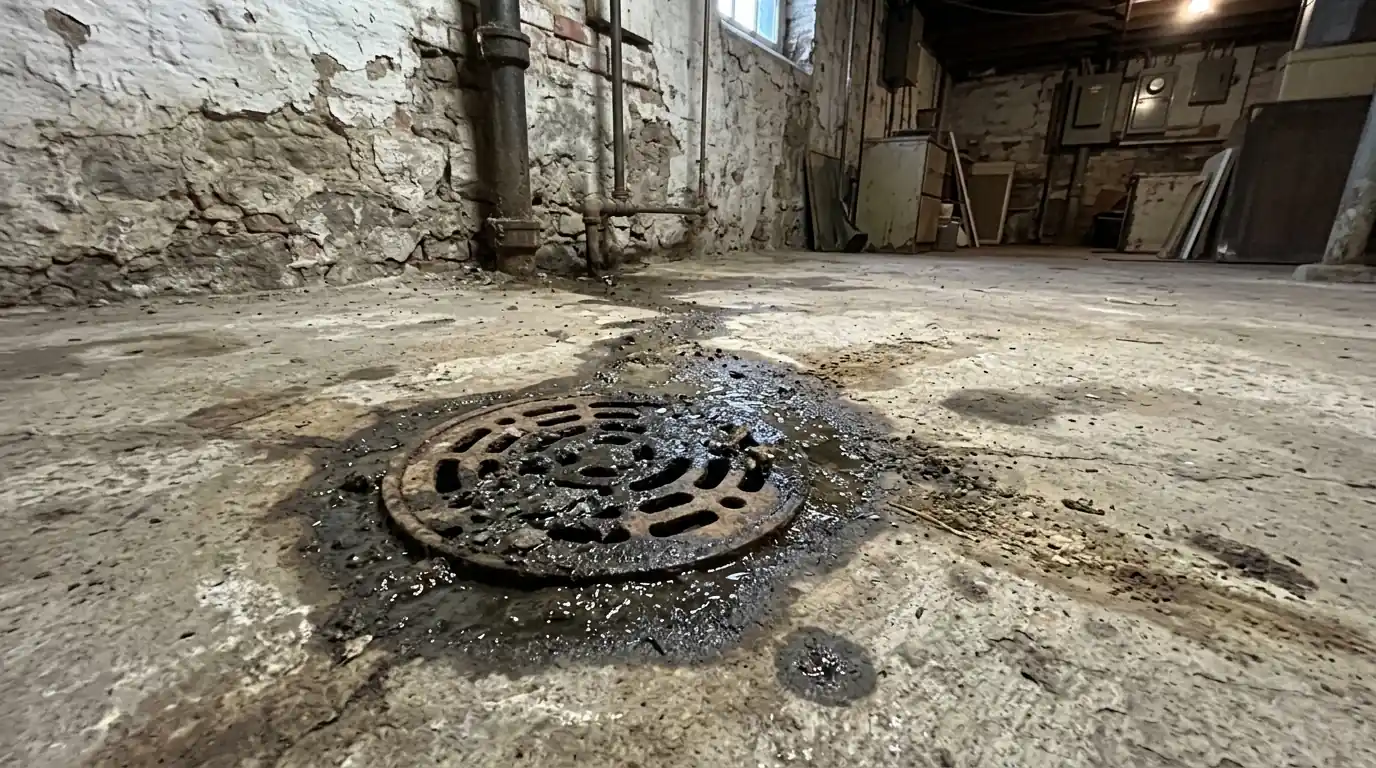 Floor drain after a sewage backup in a Mount Vernon basement