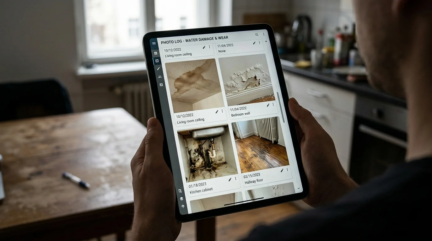 Dated photo log of water damage on a tablet