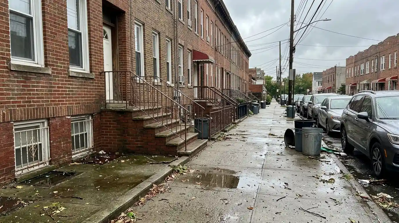 Attached houses in Queens with basement windows at street level