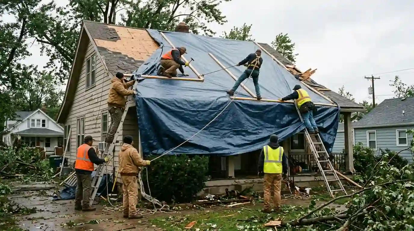 Crew tarping a damaged roof in wind