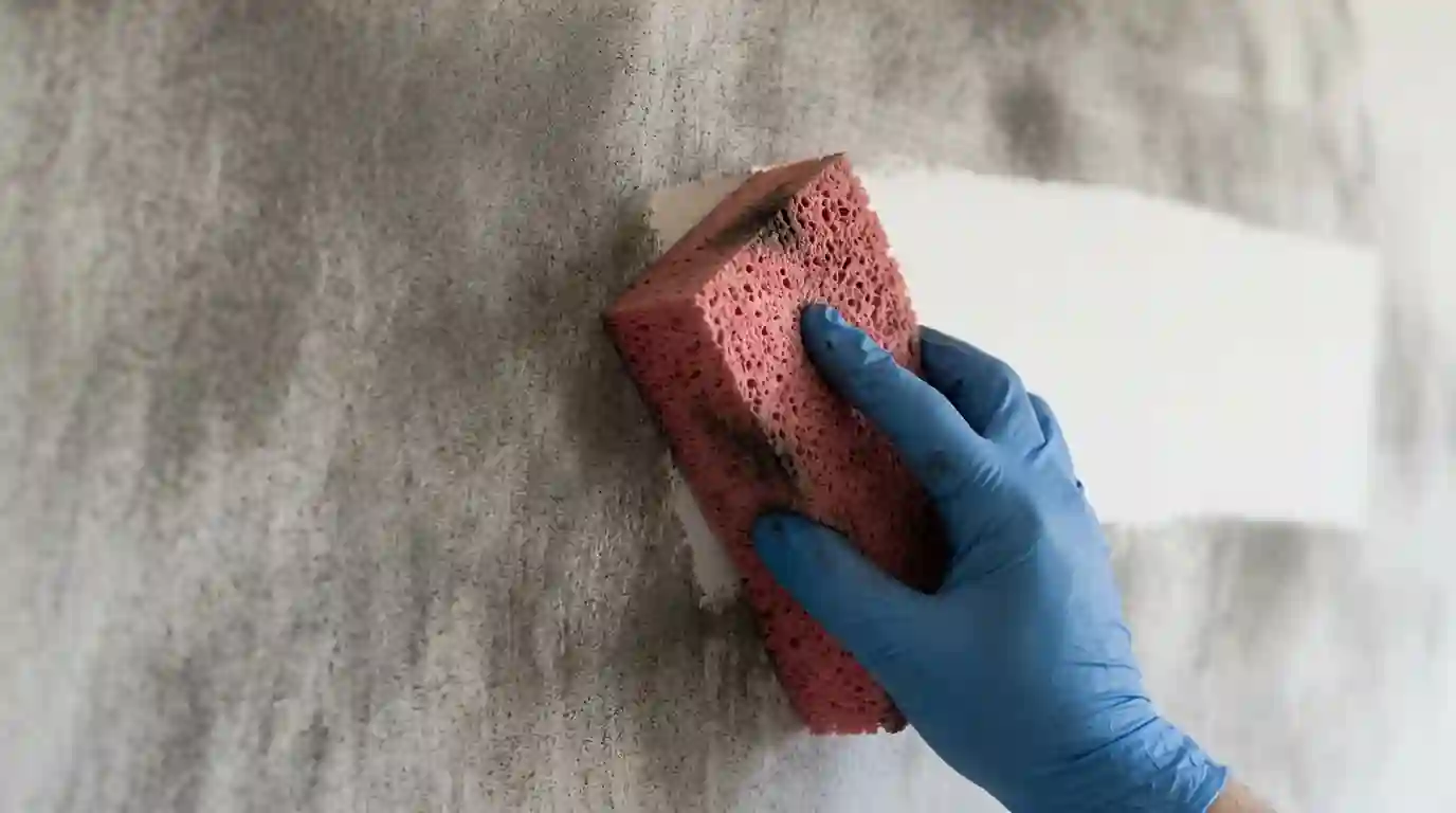 Dry soot sponge cleaning a stripe on a sooty wall