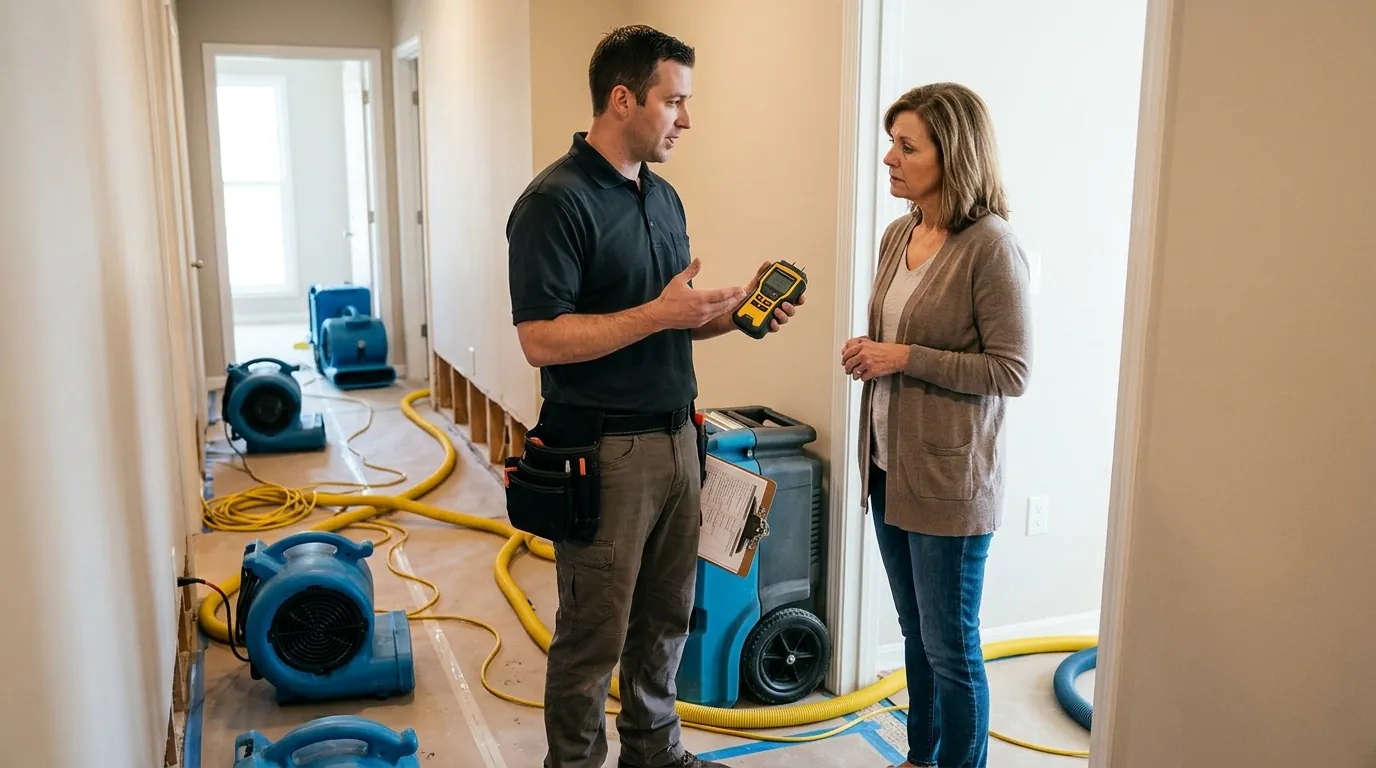 Crew lead talking an apartment owner through the first steps of a water job
