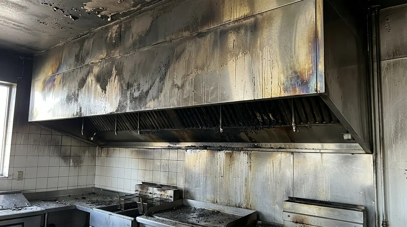 Soot on a commercial kitchen hood after a fire