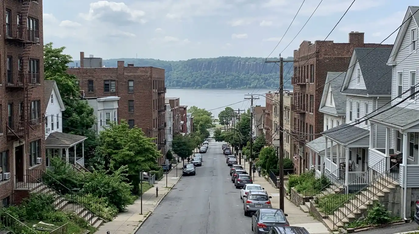 Hillside street in Yonkers above the Hudson