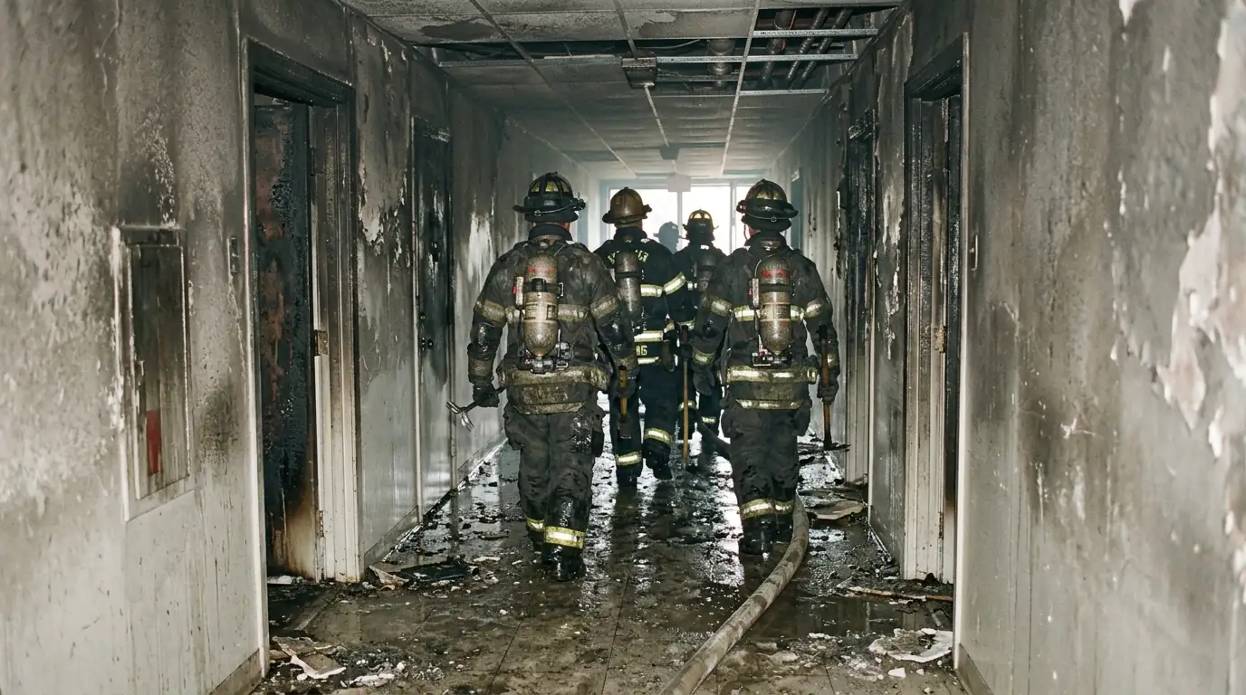 Smoke-stained hallway with a wet floor after a fire