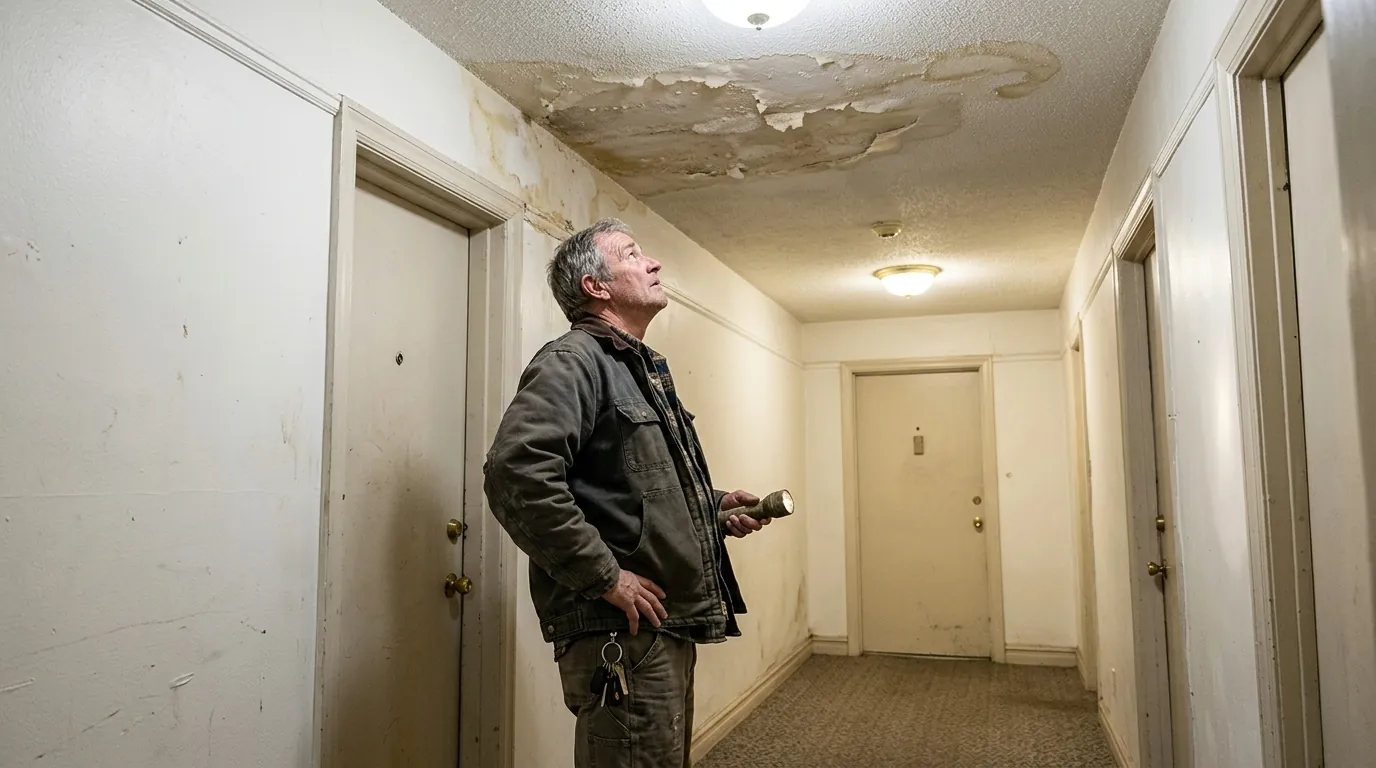Tenant and super looking at a water-stained ceiling