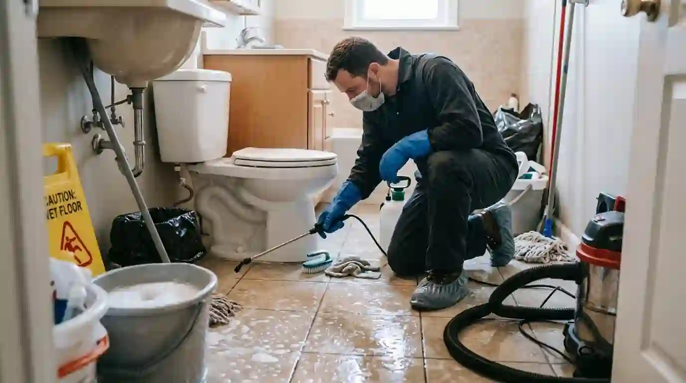 Disinfecting a bathroom floor after an overflow