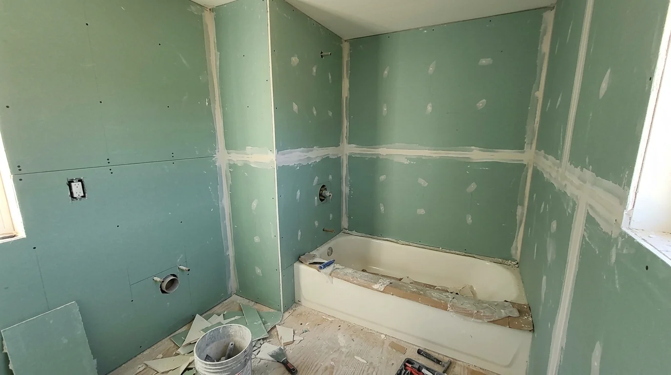 Moisture-resistant board in a bathroom before tile