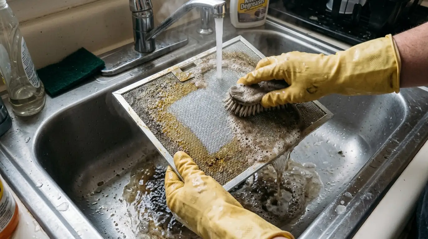 Soot-coated range hood filter being cleaned