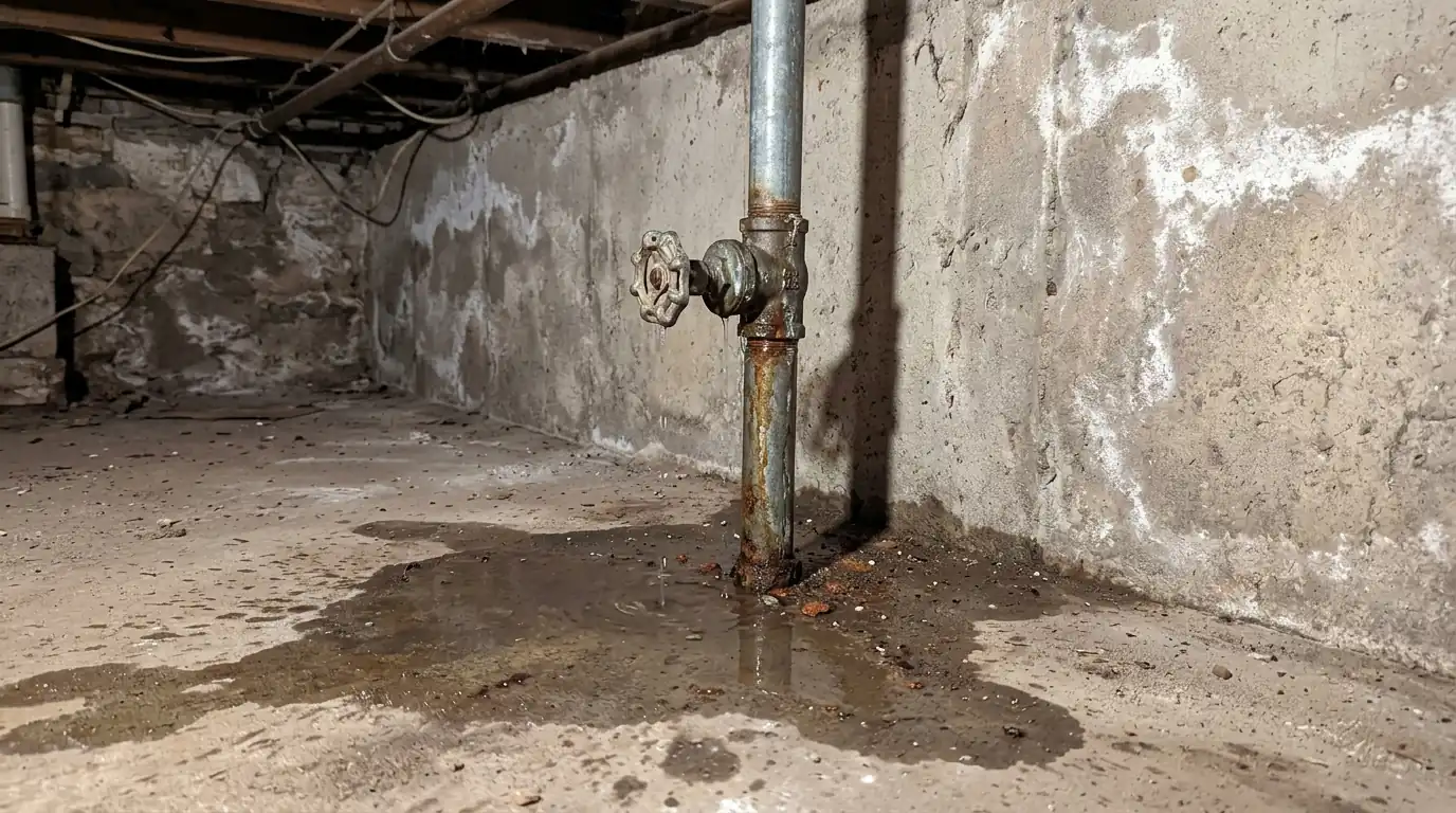 Water pooled below a riser pipe in a building basement