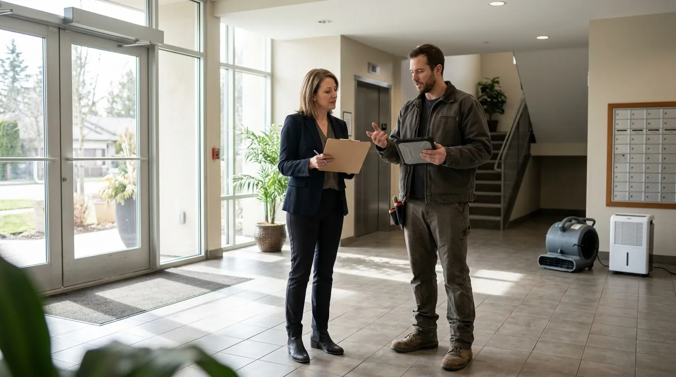 Managing agent meeting a technician in a lobby