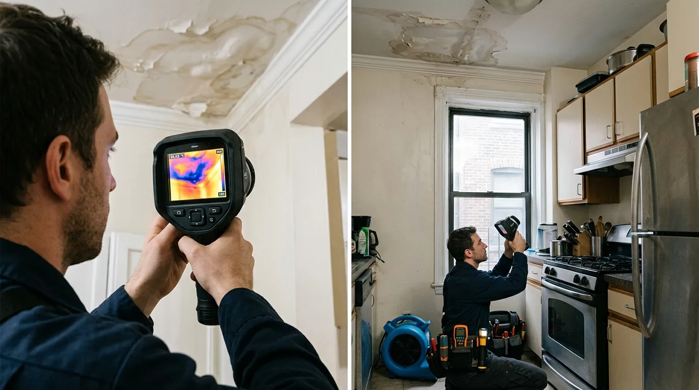 Technician checking a thermal image of a wet ceiling in a Manhattan kitchen