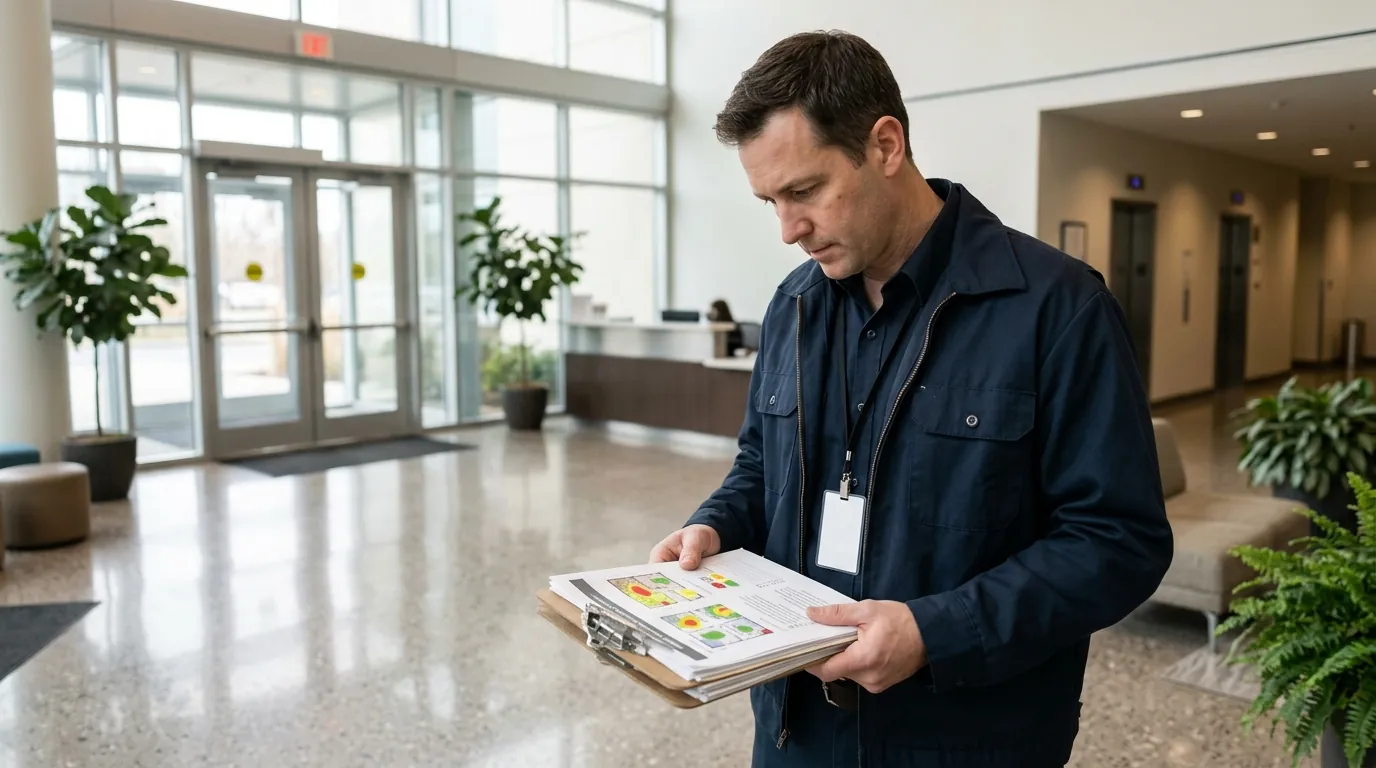 Reviewing a mold assessment report in a lobby