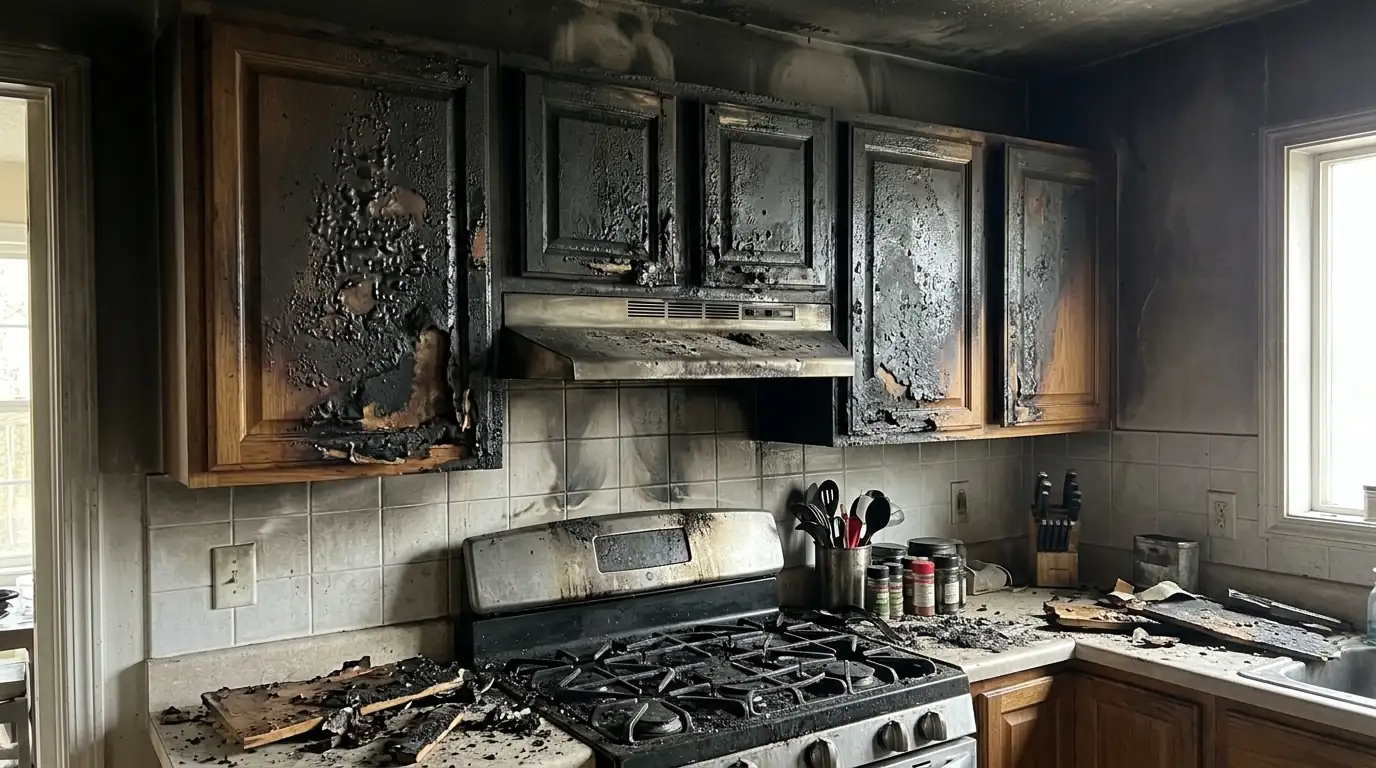 Charred upper cabinets above a range after a grease fire