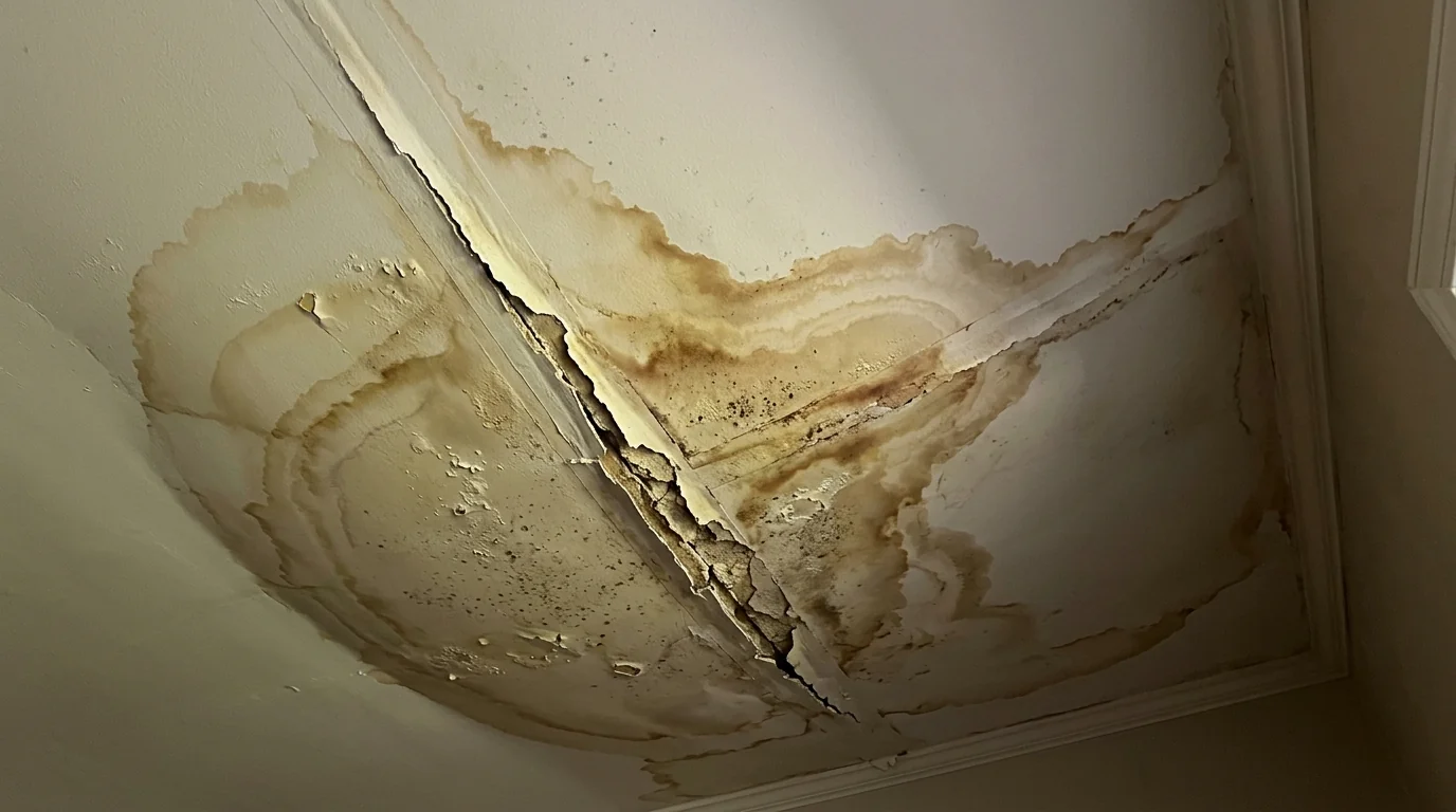 Sagging water-stained drywall ceiling