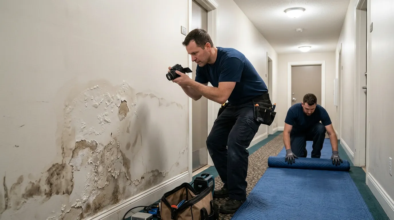 Technician photographing water damage on a hallway wall in a New York building