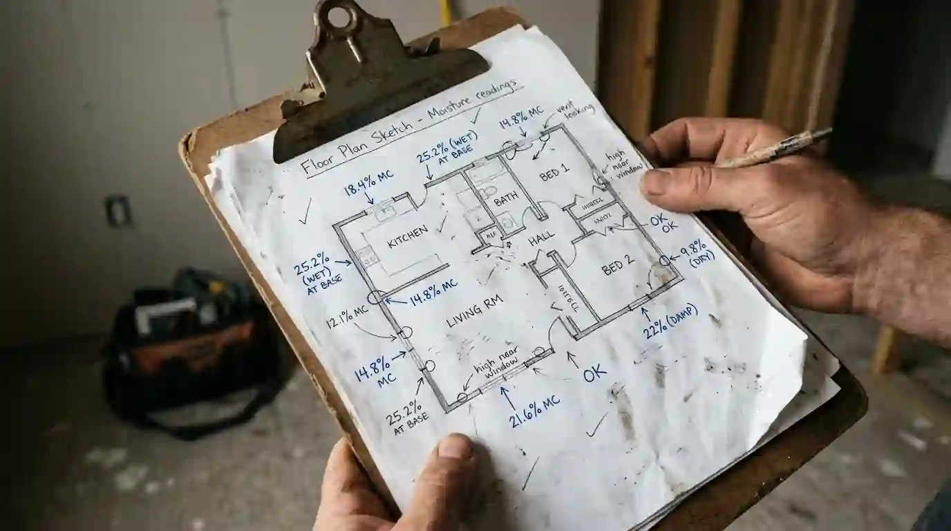 Floor plan with moisture readings marked
