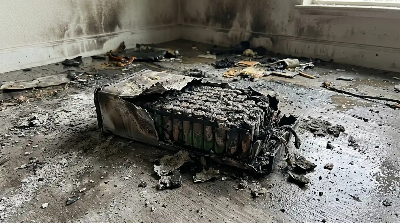 Burned e-bike battery pack on a scorched floor