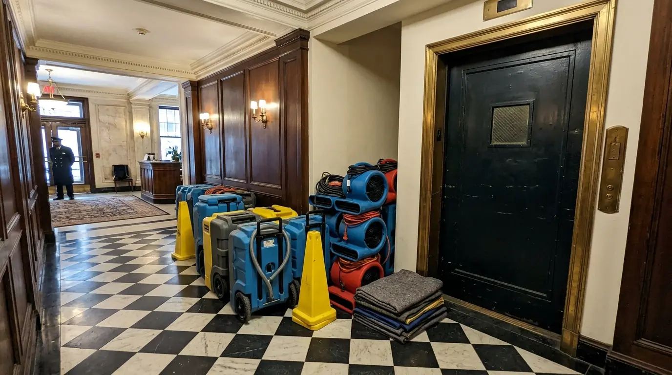 Drying equipment staged in a Manhattan co-op lobby