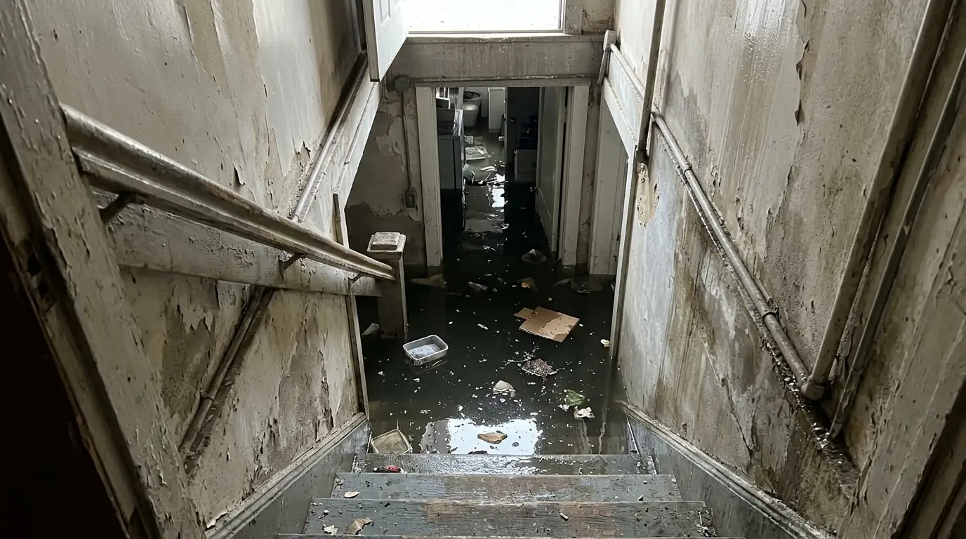 Stairs into a flooded basement apartment