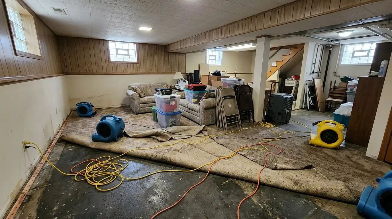 Finished basement in a Queens house being dried