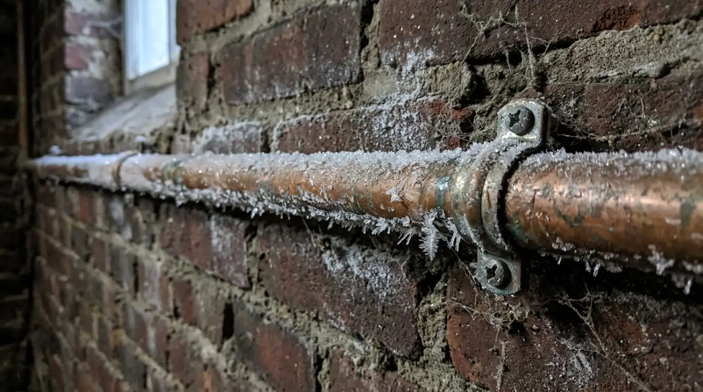 Frost on a copper pipe along a cold brick wall