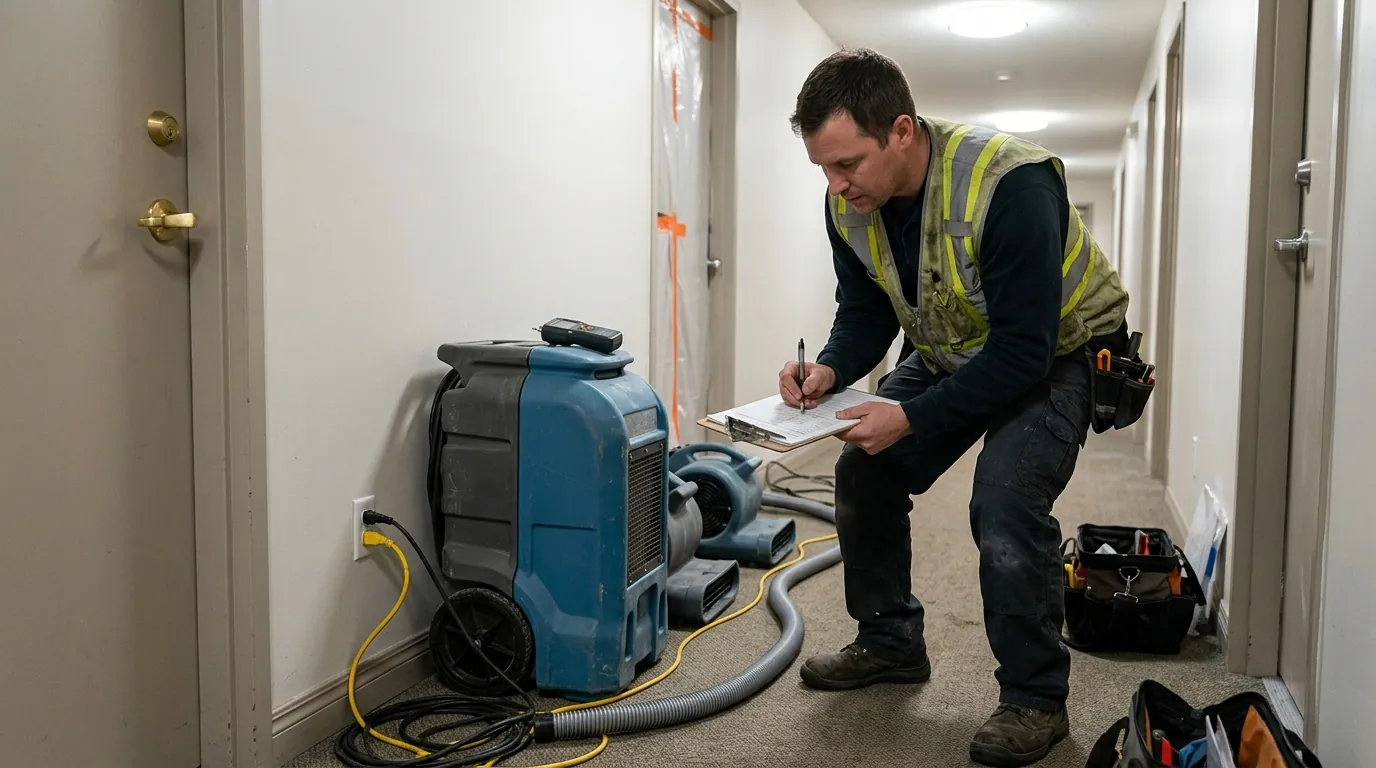 Technician writing moisture readings beside drying equipment