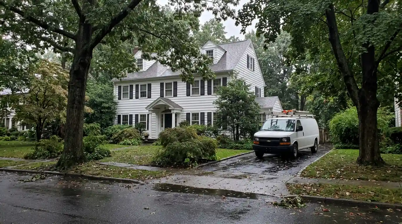 Colonial house in Westchester County after heavy rain