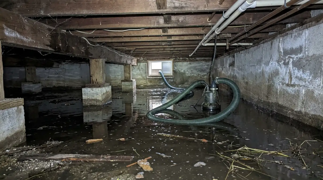 Flooded crawl space under a Nassau County house