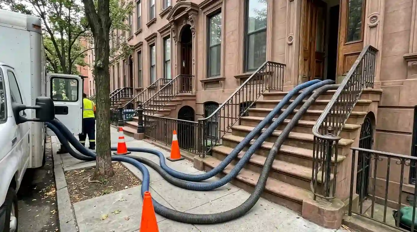 Extraction hoses running up the steps of a brownstone