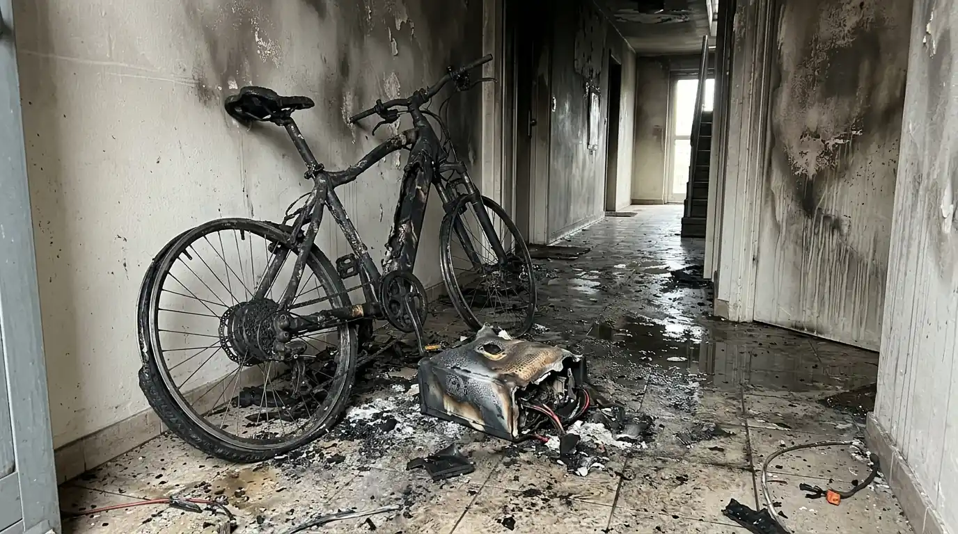 Charred e-bike and battery in an apartment entry