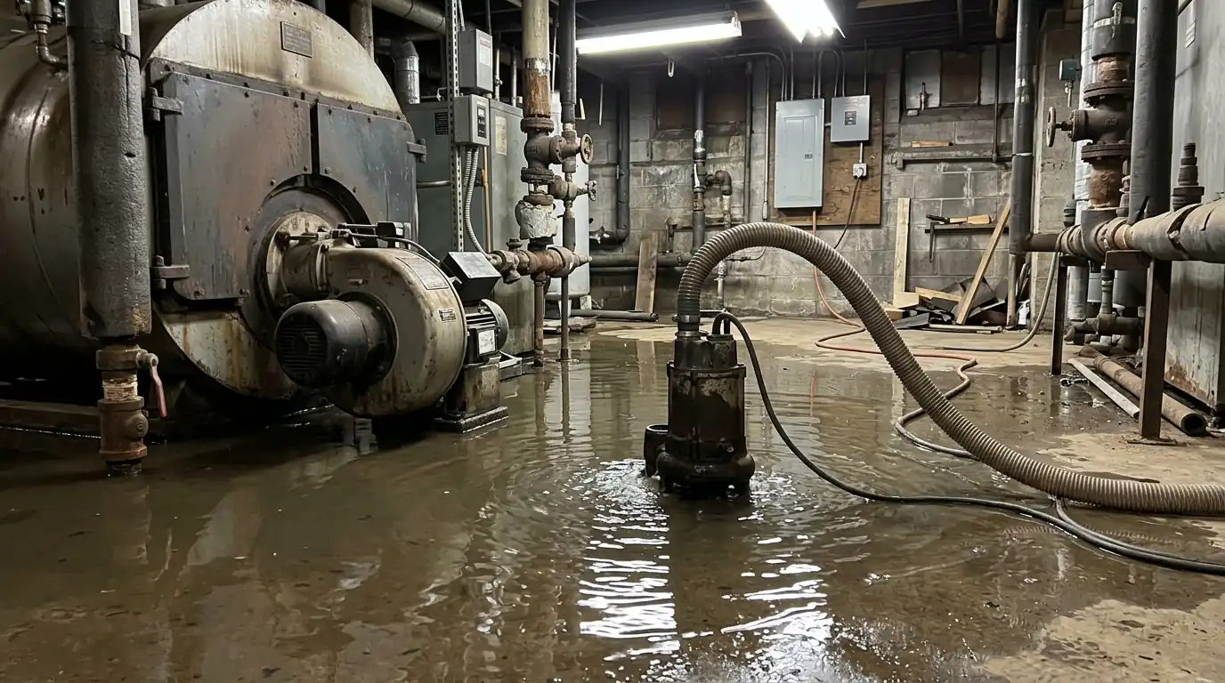 Boiler room with standing water and a pump