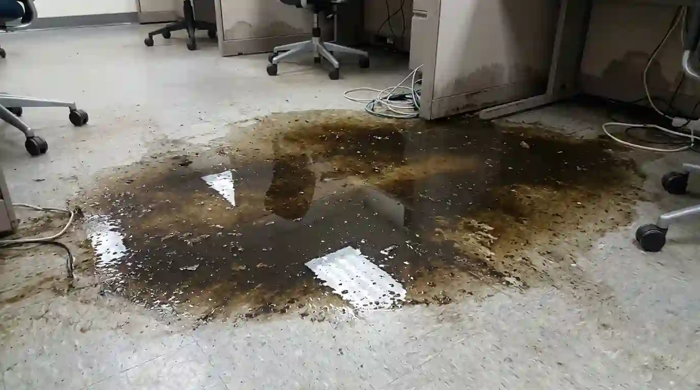 Discolored sprinkler water pooled on an office floor