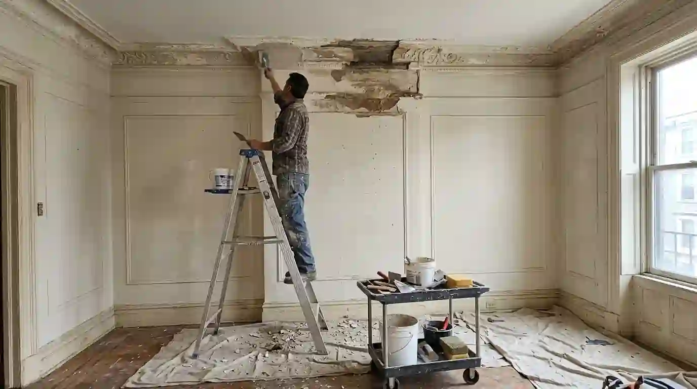 Plaster crown molding being repaired