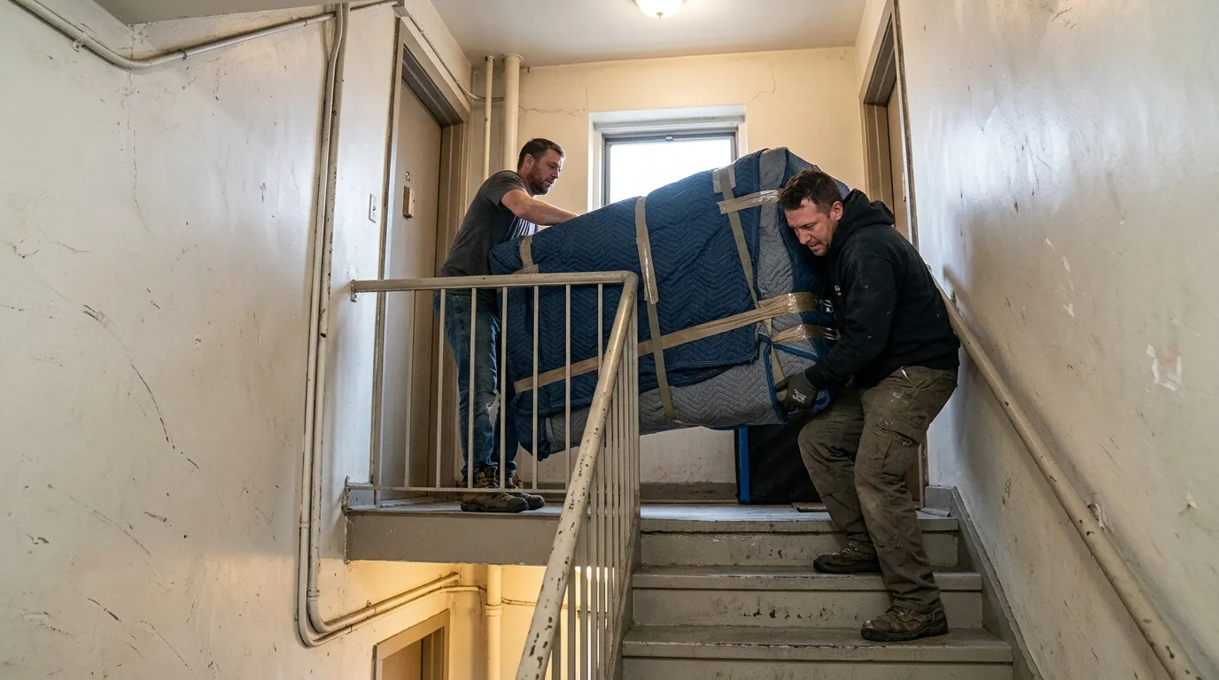 Wrapped furniture carried down a stairwell