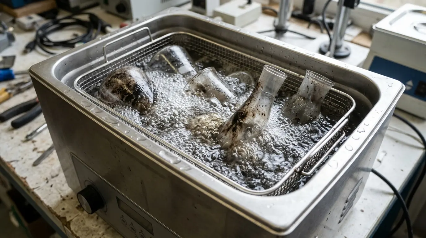 Ultrasonic tank cleaning sooty glassware