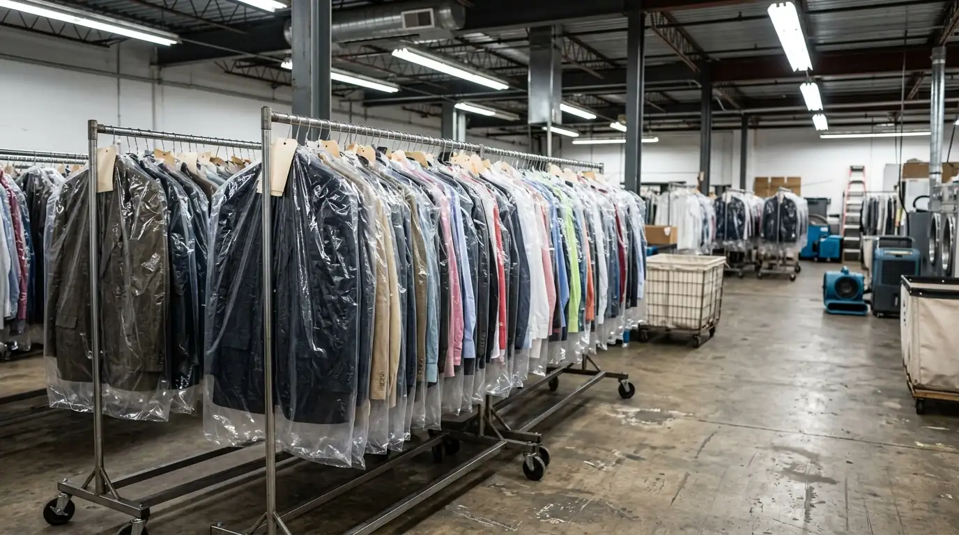 Rack of cleaned clothing after smoke treatment