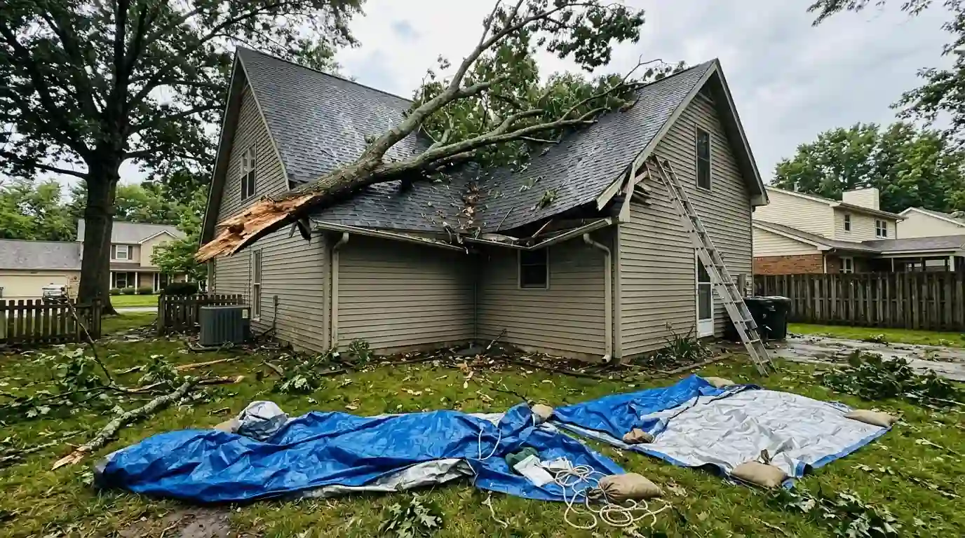 Fallen tree limb on a house roof after a storm