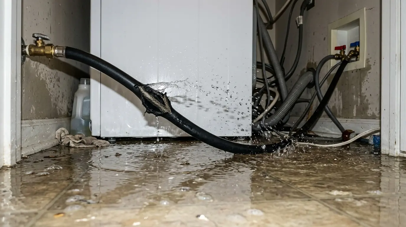 Burst washing machine supply hose on a wet floor