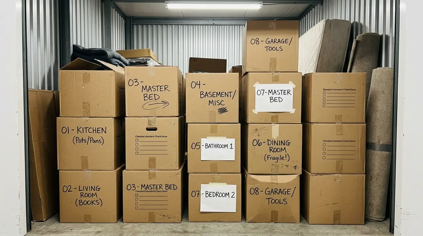 Numbered and labeled boxes in a storage vault