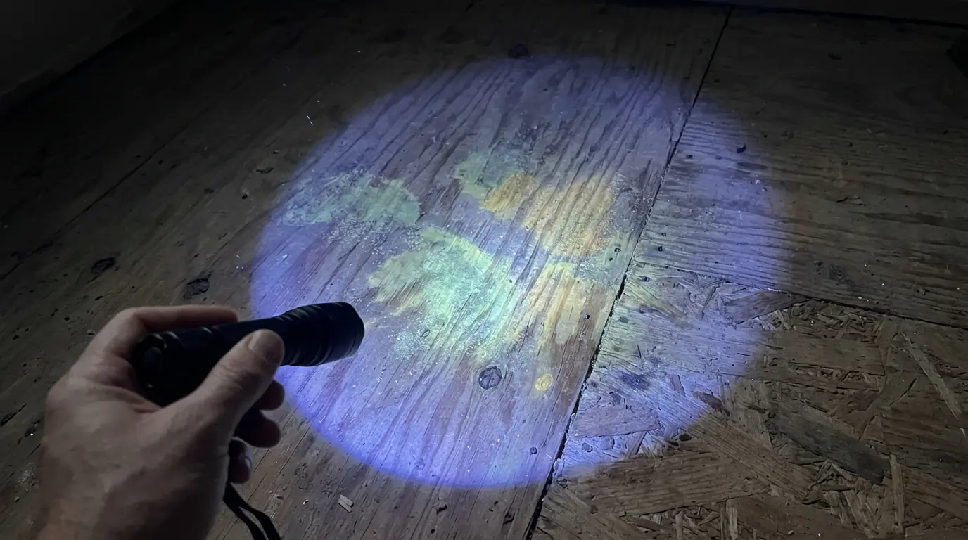 UV light showing urine stains on a subfloor
